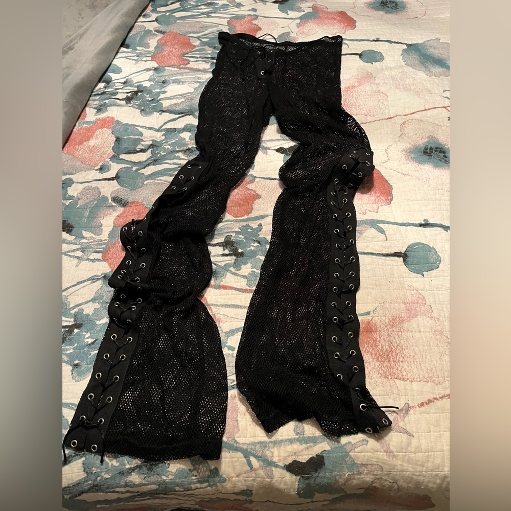 Lace up, black fishnet pants